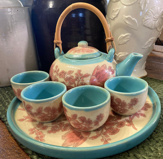 Ceramic Pier 1 Floral Teapot Set Pink and Turquoise Blue.